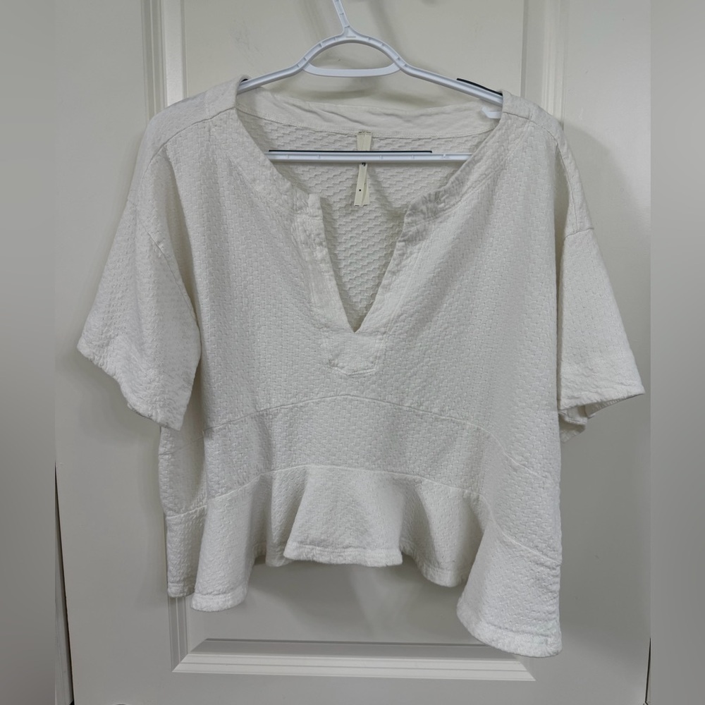 Anthropologie White Textured Peplum Short-Sleeve Top